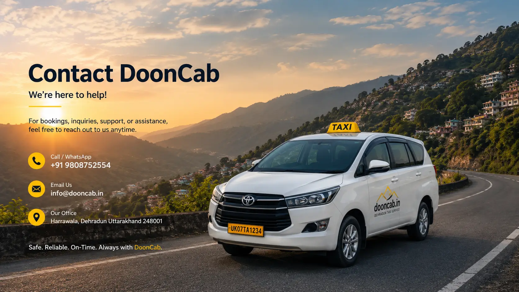 Contact DoonCab for taxi booking, airport transfers, local sightseeing, and outstation cab services in Dehradun.