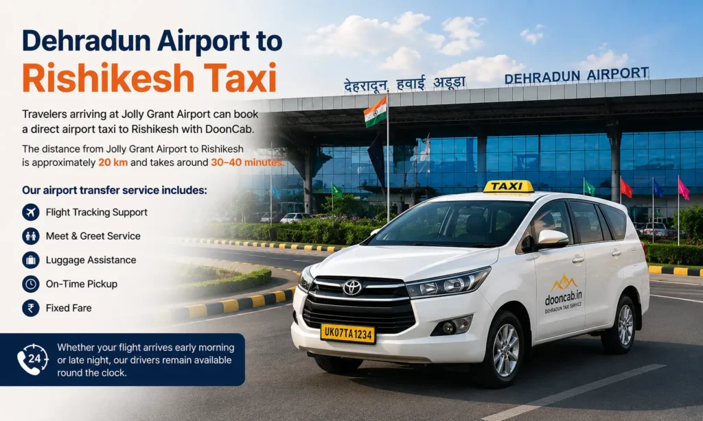 Dehradun Airport to Rishikesh Taxi Service by DoonCab with direct pickup from Jolly Grant Airport and comfortable airport transfer to Rishikesh.