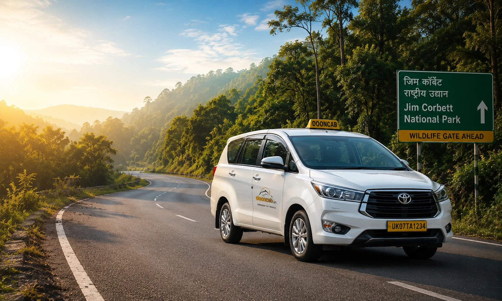 DoonCab Toyota Innova taxi on the Dehradun to Jim Corbett National Park route surrounded by forest scenery