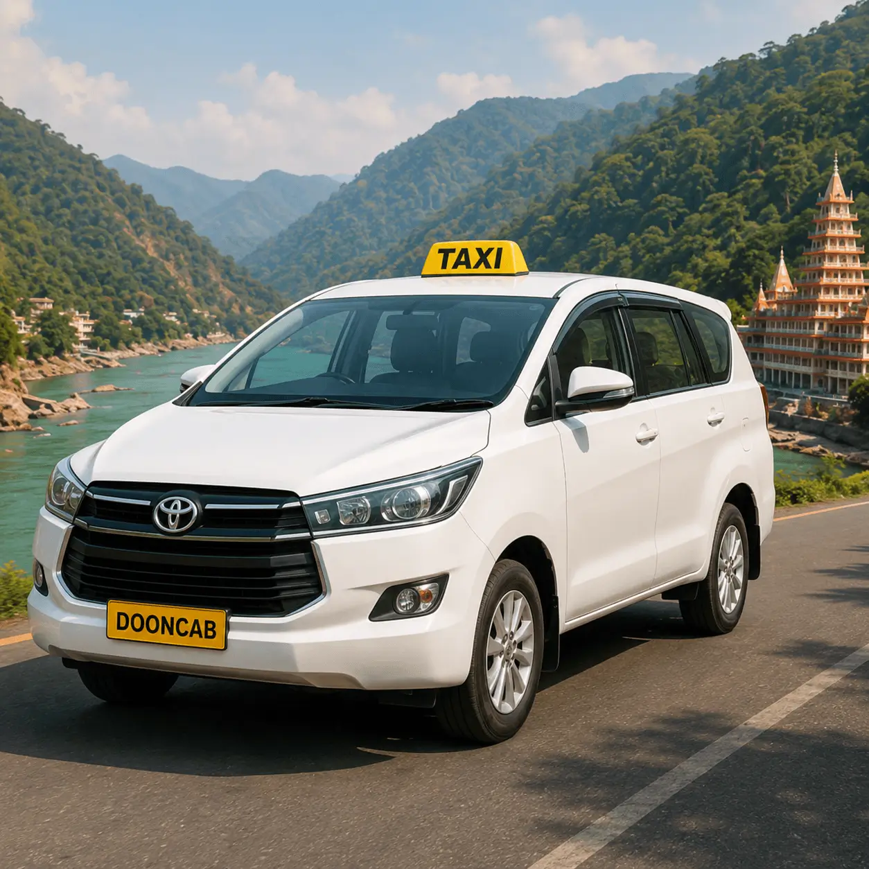 Dehradun to Rishikesh Taxi Service by DoonCab offering comfortable Innova taxi for one-way, round-trip and local sightseeing travel.