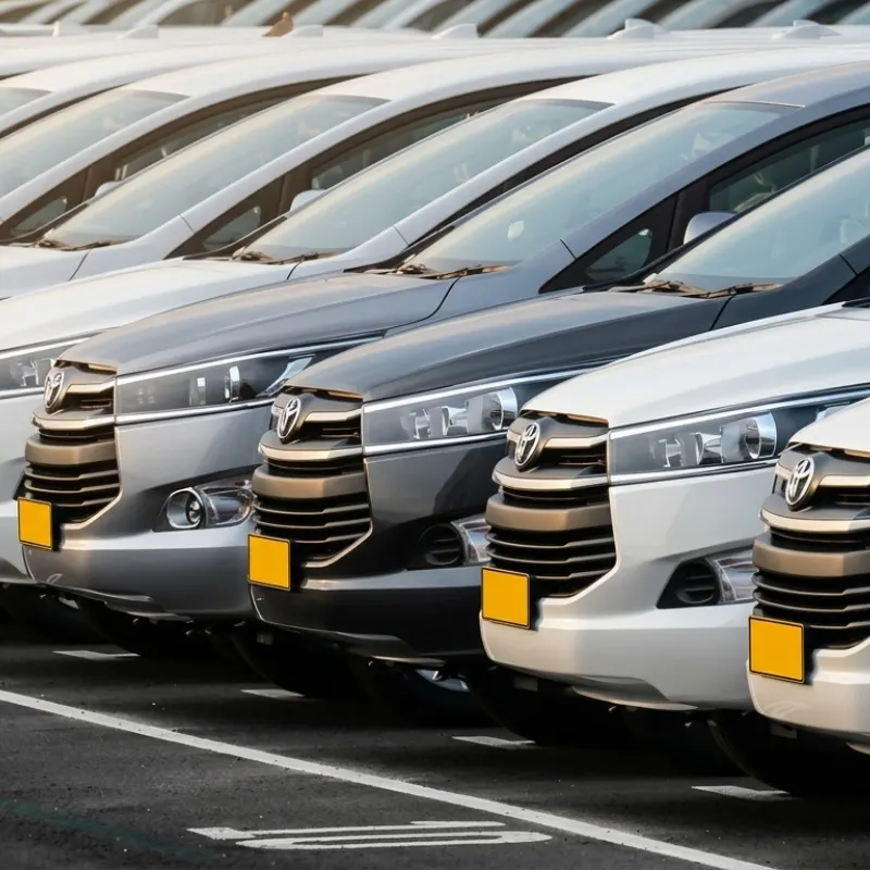 Fleet of premium SUVs with yellow license plates ready for taxi service in Mussoorie