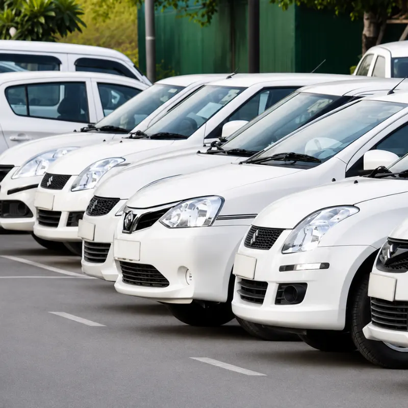 Row of clean white commercial cabs available for taxi service in Mussoorie