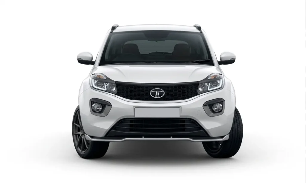 Front view of a clean white Tata Nexon SUV provided by our taxi service in Mussoorie.