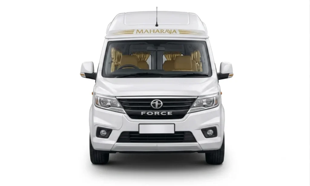 Front view of a luxury Force Tempo Traveller Maharaja available for group tours via taxi service in Mussoorie.