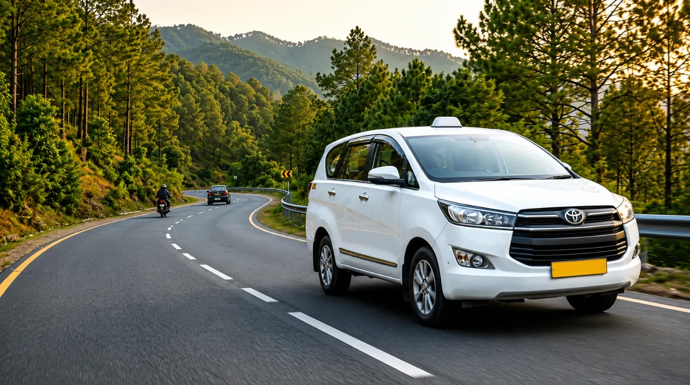 White SUV driving along a scenic mountain road representing professional taxi service in Mussoorie
