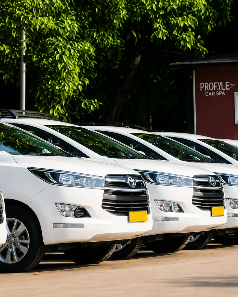 Fleet of white Innova cars with yellow commercial plates for taxi service in Mussoorie