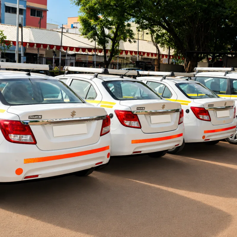 Fleet of clean white cabs ready for reliable taxi service in Mussoorie